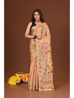 Ramshyam Collection - Womens Kantha Silk Blend Thread Work Beige Saree with Unstitched Blouse