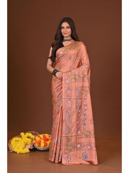 Ramshyam Collection - Womens Kantha Silk Blend Thread Work Peach Saree with Unstitched Blouse