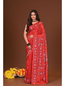 Ramshyam Collection - Womens Kantha Silk Blend Embroidered Red Saree with Unstitched Blouse