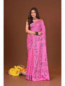 Ramshyam Collection - Womens Kantha Silk Blend Thread Work Pink Saree with Unstitched Blouse