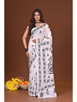 Ramshyam Collection - Womens Kantha Silk Blend Thread Work White Saree with Unstitched Blouse