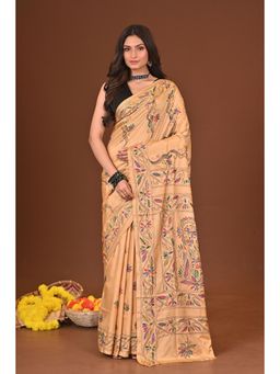 Ramshyam Collection - Womens Kantha Silk Blend Thread Work Beige Saree with Unstitched Blouse