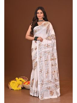 Ramshyam Collection - Womens Kantha Silk Blend Thread Work White Saree with Unstitched Blouse