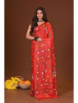 Ramshyam Collection - Womens Kantha Silk Blend Embroidered Red Saree with Unstitched Blouse