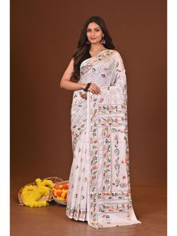 Ramshyam Collection - Womens Kantha Silk Blend Thread Work White Saree with Unstitched Blouse
