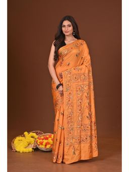 Ramshyam Collection - Womens Kantha Silk Blend Thread Work Orange Saree with Unstitched Blouse