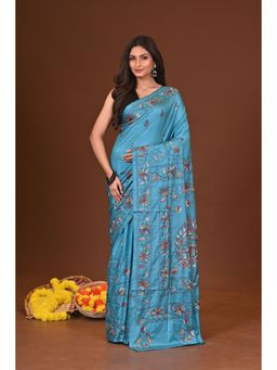 Ramshyam Collection - Womens Kantha Silk Blend Thread Work Blue Saree with Unstitched Blouse