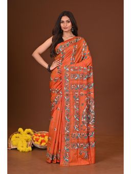 Ramshyam Collection - Womens Kantha Silk Blend Thread Work Rust Saree with Unstitched Blouse