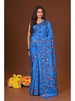 Ramshyam Collection - Womens Kantha Silk Blend Thread Work Blue Saree with Unstitched Blouse