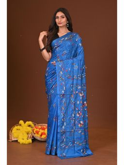 Ramshyam Collection - Womens Kantha Silk Blend Thread Work Blue Saree with Unstitched Blouse