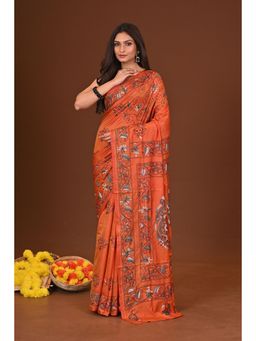 Ramshyam Collection - Womens Kantha Silk Blend Thread Work Orange Saree with Unstitched Blouse