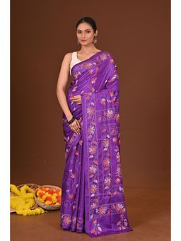 Ramshyam Collection - Womens Kantha Silk Blend Thread Work Purple Saree with Unstitched Blouse
