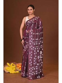 Ramshyam Collection - Womens Kantha Silk Blend Thread Work Wine Saree with Unstitched Blouse