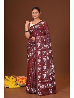 Ramshyam Collection - Womens Kantha Silk Blend Thread Work Maroon Saree with Unstitched Blouse
