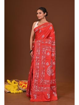 Ramshyam Collection - Womens Kantha Silk Blend Embroidered Red Saree with Unstitched Blouse