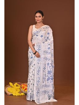 Ramshyam Collection - Womens Kantha Silk Blend Thread Work White Saree with Unstitched Blouse