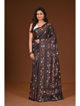 Ramshyam Collection - Womens Kantha Silk Blend Thread Work Brown Saree with Unstitched Blouse