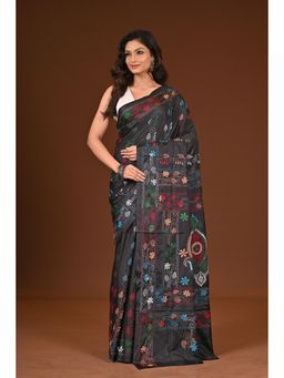 Ramshyam Collection - Womens Kantha Silk Blend Thread Work Black Saree with Unstitched Blouse