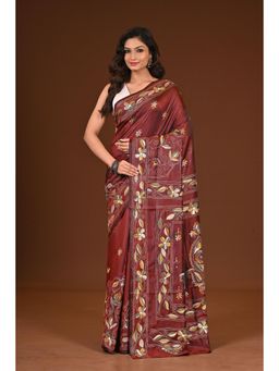Ramshyam Collection - Womens Kantha Silk Blend Thread Work Brown Saree with Unstitched Blouse