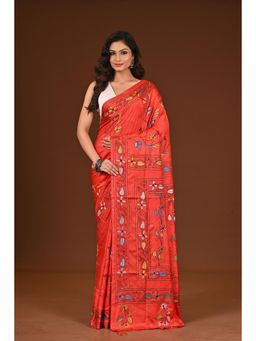 Ramshyam Collection - Womens Kantha Silk Blend Embroidered Red Saree with Unstitched Blouse