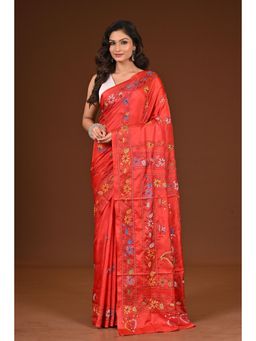 Ramshyam Collection - Womens Kantha Silk Blend Embroidered Red Saree with Unstitched Blouse