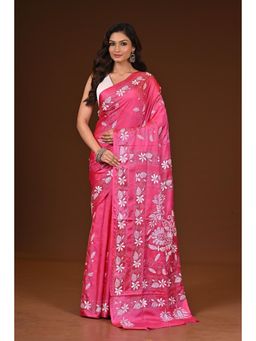 Ramshyam Collection - Womens Kantha Silk Blend Thread Work Pink Saree with Unstitched Blouse