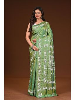 Ramshyam Collection - Womens Kantha Silk Blend Thread Work Green Saree with Unstitched Blouse