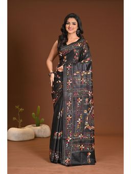 Ramshyam Collection - Womens Silk Blend Embroidered Thread Work Black Saree with Unstitched Blouse