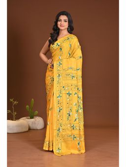 Ramshyam Collection - Womens Silk Blend Embroidered Thread Work Yellow Saree with Unstitched Blouse