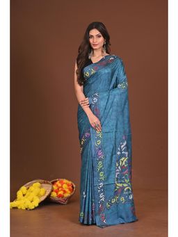 Ramshyam Collection - Womens Kantha Silk Blend Thread Work Blue Saree with Unstitched Blouse