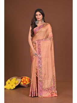 Ramshyam Collection - Womens Kantha Silk Blend Thread Work Orange Saree with Unstitched Blouse