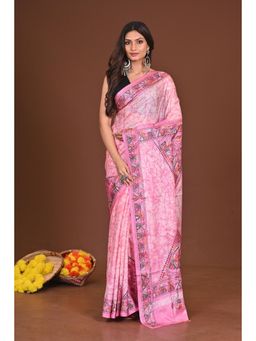 Ramshyam Collection - Womens Kantha Silk Blend Printed Thread Work Pink Saree with Unstitched Blouse