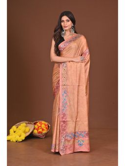 Ramshyam Collection - Womens Kantha Silk Blend Thread Work Orange Saree with Unstitched Blouse