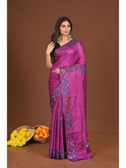Ramshyam Collection - Womens Kantha Silk Blend Printed Thread Work Purple Saree with Unstitched Blouse