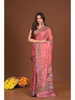 Ramshyam Collection - Womens Kantha Silk Blend Printed Thread Work Pink Saree with Unstitched Blouse