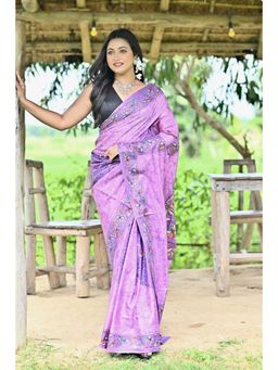 Ramshyam Collection - Womens Silk Blend Printed Thread Work Lavender Saree with Unstitched Blouse