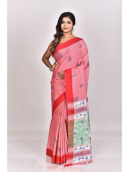 Ramshyam Collection - Womens Kantha Pure Cotton Embroidered Red Saree with Unstitched Blouse