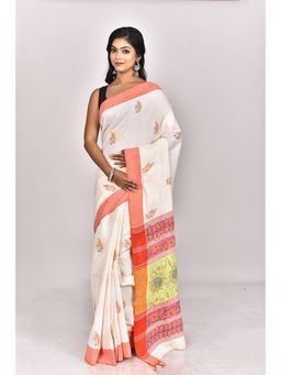 Ramshyam Collection - Womens Kantha Pure Cotton Embroidered White Saree with Unstitched Blouse