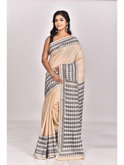Ramshyam Collection - Womens Kantha Silk Embroidered Thread Work Beige Saree with Unstitched Blouse