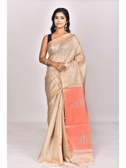 Ramshyam Collection - Womens Dupion Silk Woven Beige Saree with Unstitched Blouse
