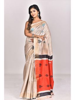 Ramshyam Collection - Womens Dupion Silk Woven Beige Saree with Unstitched Blouse