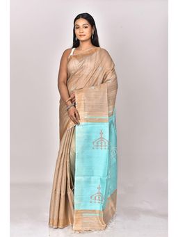 Ramshyam Collection - Womens Kantha Dupion Silk Woven Beige Saree with Unstitched Blouse