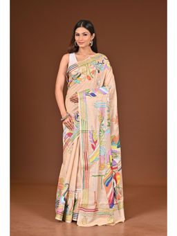Ramshyam Collection - Womens Kantha Silk Embroidered Thread Work Beige Saree with Unstitched Blouse