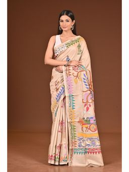 Ramshyam Collection - Womens Kantha Silk Embroidered Thread Work Beige Saree with Unstitched Blouse