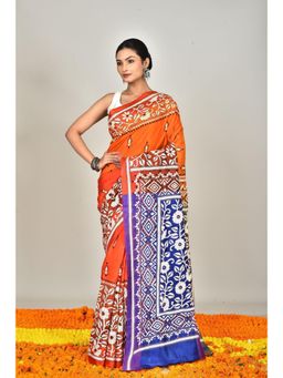Ramshyam Collection - Womens Kantha Silk Embroidered Thread Work Orange Saree with Unstitched Blouse