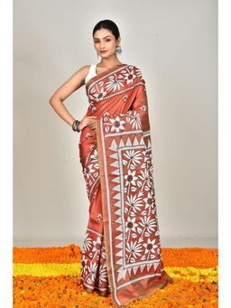 Ramshyam Collection - Womens Kantha Silk Embroidered Thread Work Bronze Saree with Unstitched Blouse