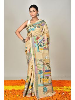 Ramshyam Collection - Womens Kantha Silk Embroidered Thread Work Beige Saree with Unstitched Blouse