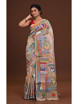 Ramshyam Collection - Womens Kantha Silk Embroidered Thread Work Beige Saree with Unstitched Blouse