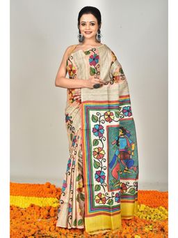 Ramshyam Collection - Womens Kantha Silk Printed Beige Saree with Unstitched Blouse