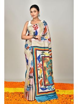 Ramshyam Collection - Womens Kantha Silk Printed Cream Saree with Unstitched Blouse